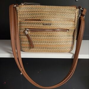 Rosetti Oakley Mini Crossbody Woven Purse with Brown Leather-look accents